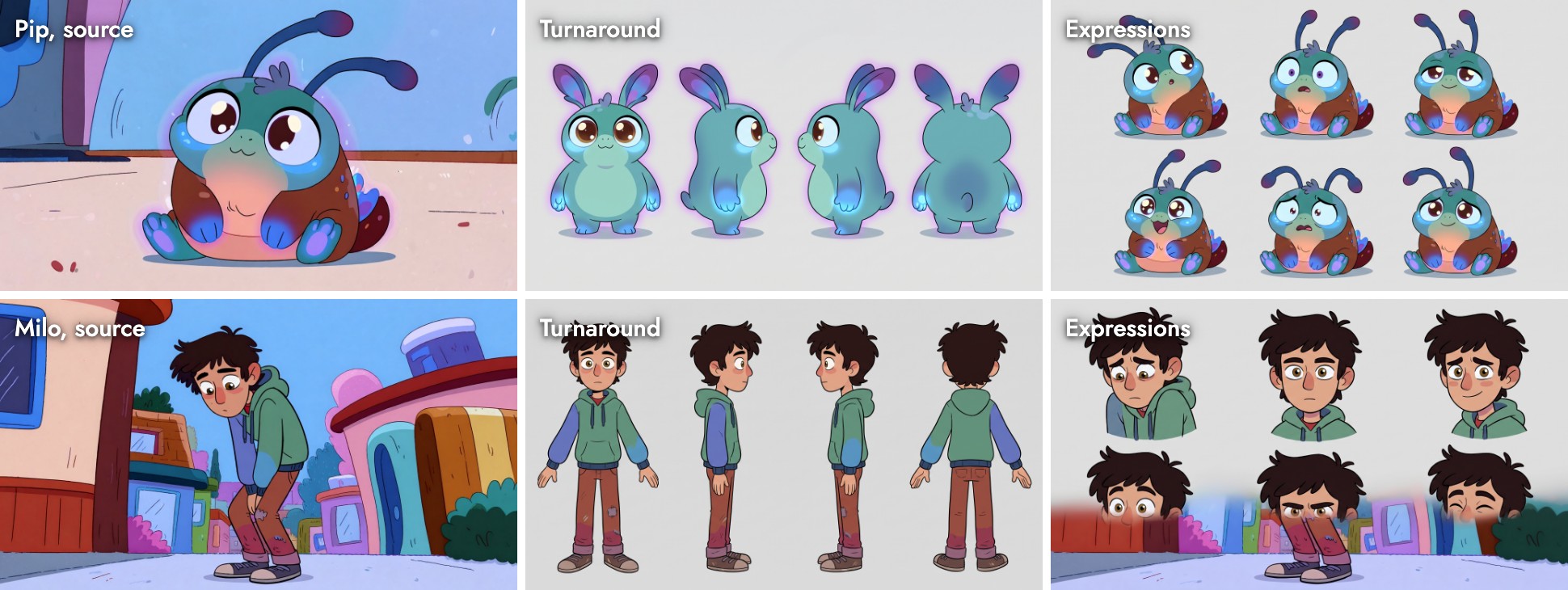 Two rows: Pip's source, a turnaround that swapped his antennae for ears, and an expression sheet that kept him; Milo's source, a clean four-view turnaround, and an expression sheet whose bottom row bleeds the street background from the source