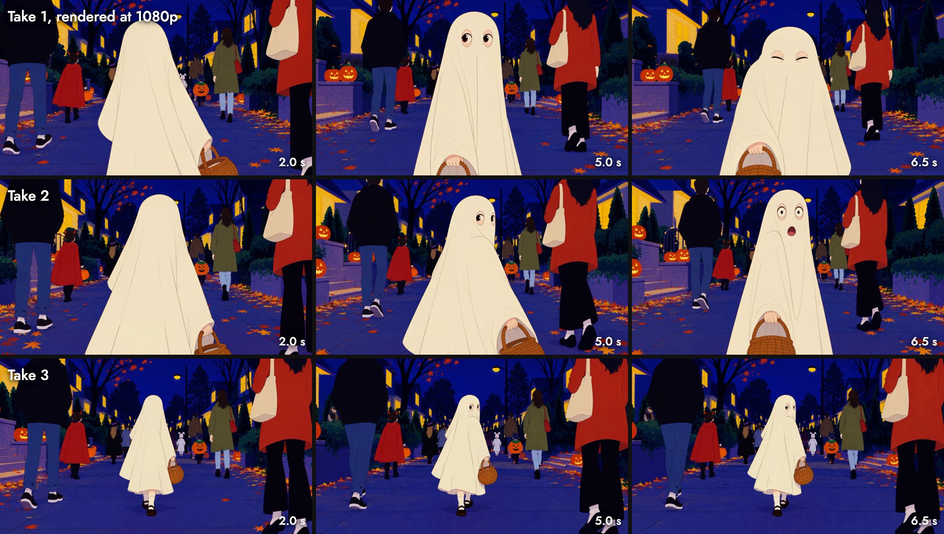 Hannah L.'s three drafts at 2, 5 and 6.5 seconds: take 1 turns, looks back wide-eyed and squints; take 2 turns and gasps with an open mouth; take 3 frames the ghost small in a wide shot walking away