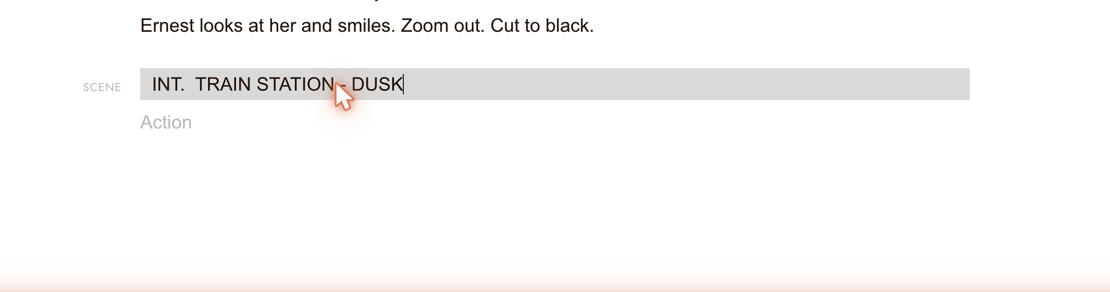 Typing a new scene: the heading, an action line, a character cue set with Tab, then the dialogue line that Enter opens under it. The gutter chip names the current line's type.