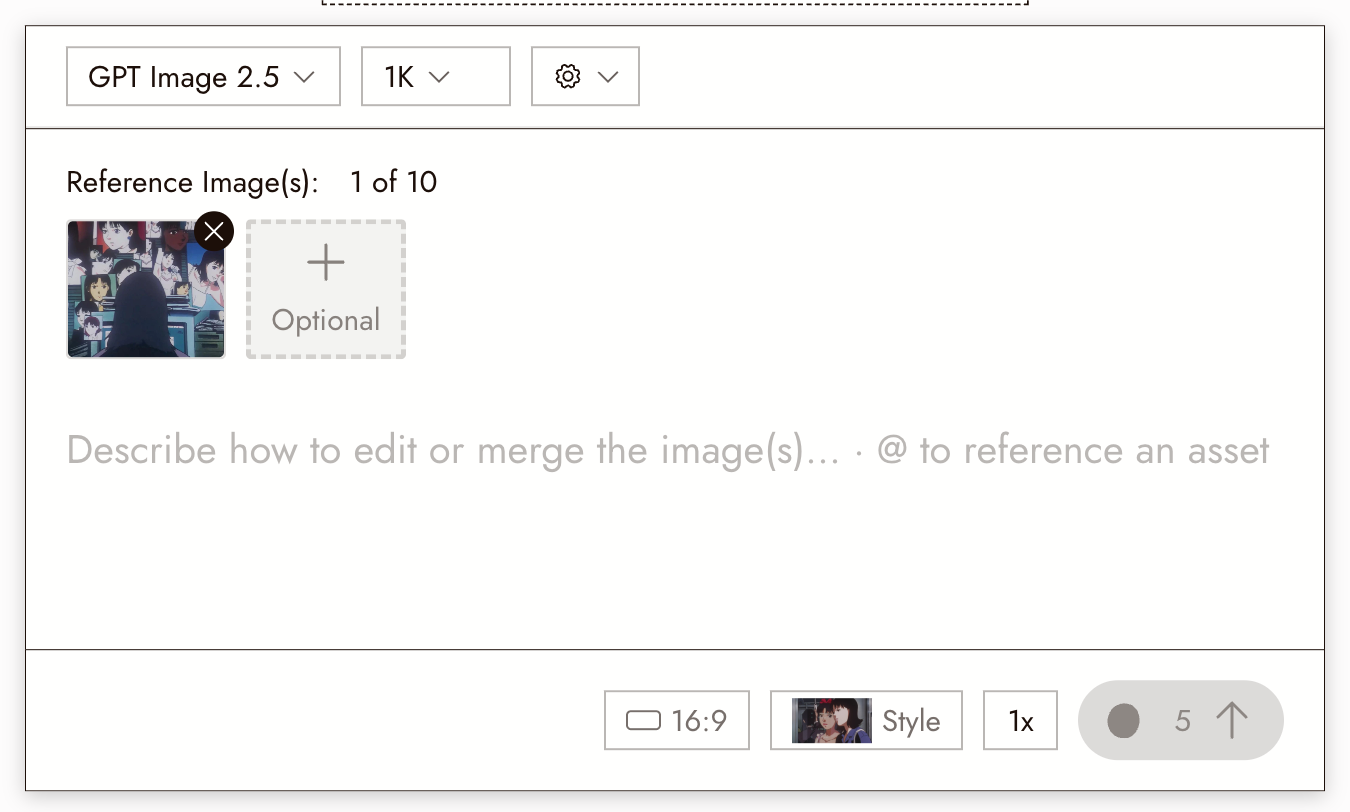 A Generate Image panel with one reference attached. Hover a thumbnail to remove it. There is no per-image reference type here; identity and scene roles belong to the Character Reference action.