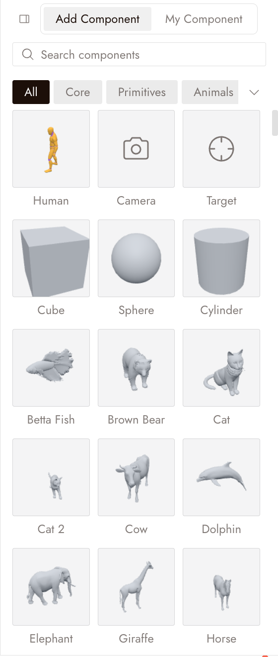 The Add Component library: a search box, category tabs, and cards for Human, Camera, Target, primitives and animals.