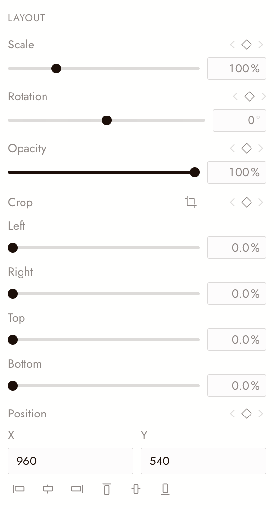 The Layout section of Properties for a video clip: Scale, Rotation, Opacity, Crop with Left, Right, Top and Bottom, and Position.