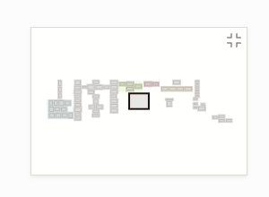 The minimap: sections and nodes as small shapes, with a dark frame marking the part of the board on screen, and the hide button in its corner.