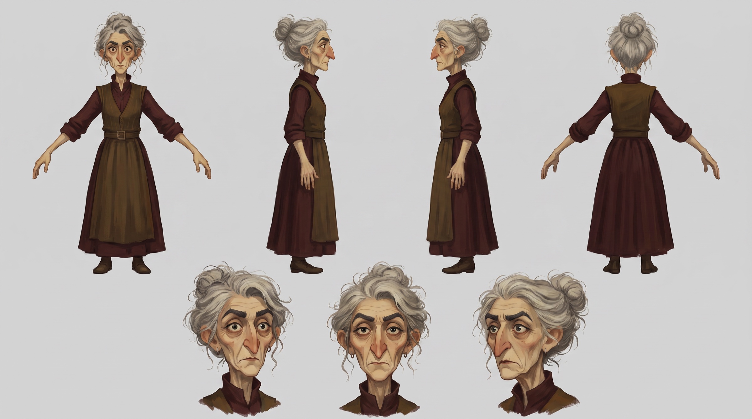 A fixed identity written once, as a sheet: the elderly tailor from the Flick residency film Happy Souls Alive in four views plus three expressions. The bun, the dark dress, the apron, and the narrow face are the identity; the expressions row is what the shot may change.