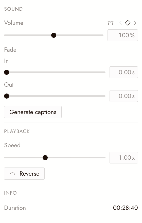 The Properties panel for an audio clip: Volume, Fade in and out, Generate captions, Speed, and the Reverse button.