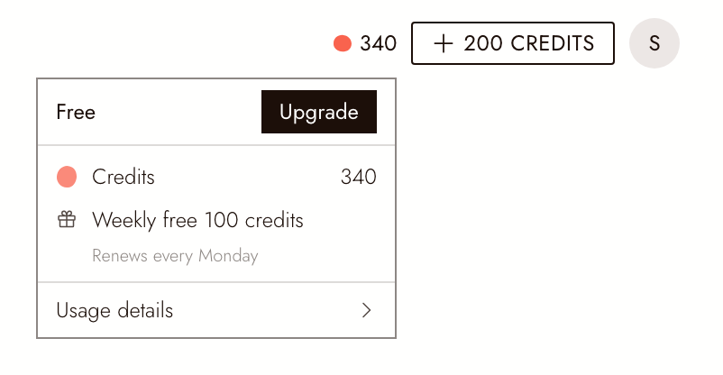 Hovering over the credit balance shows your plan, your credits, the weekly free credits and Usage details.