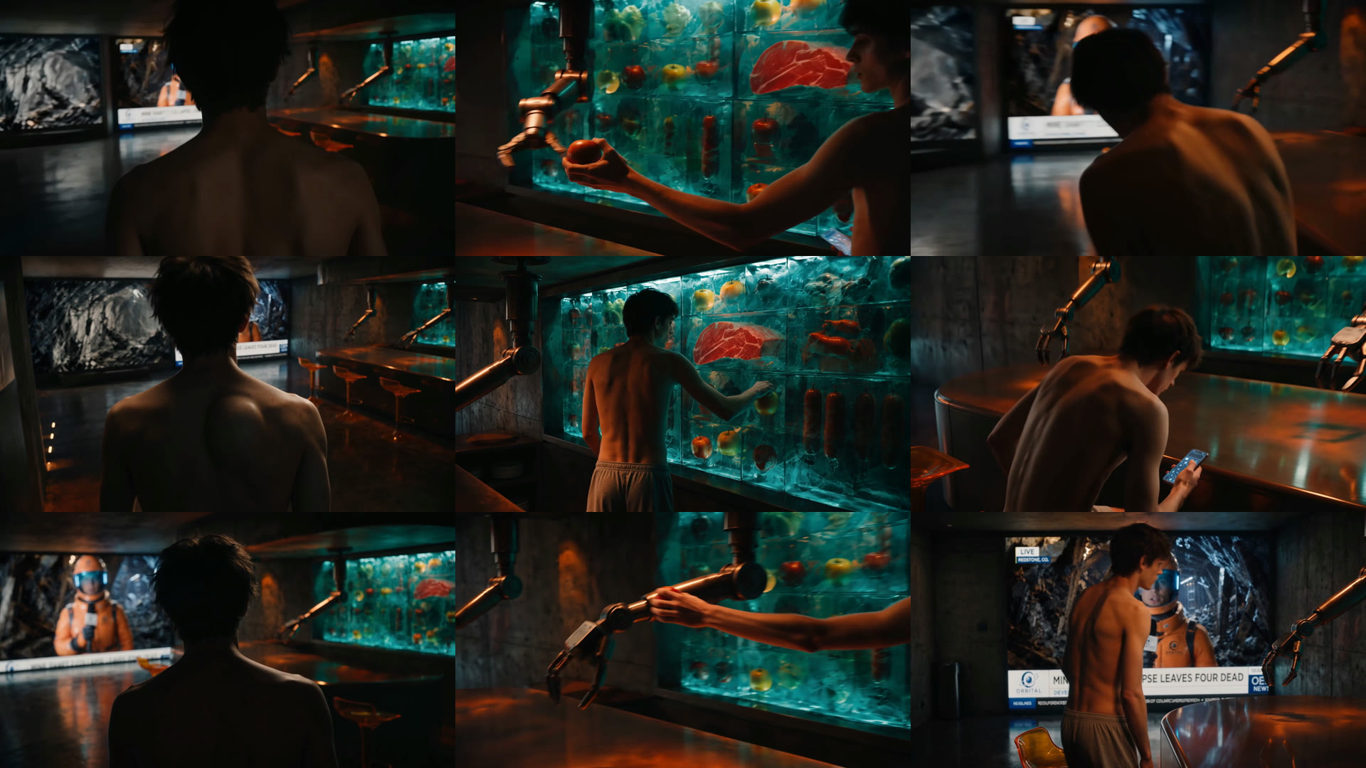Three candidates for one shot, from the Flick residency film Xenogenesis, each sampled at the start, middle, and end. Top row: the character walks to the fridge and takes an apple, camera still. Middle row: the camera drifts with him and the action reads less clearly. Bottom row: a robot arm hands over the apple and he turns to a screen, so the take now says three things. The team kept the top row.