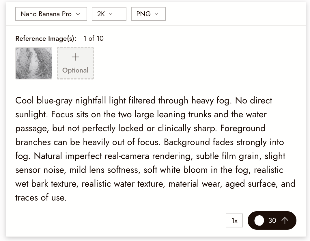 An example of using Nano Banana Pro to generate a scene, using prompting to specify the lighting, camera focus, foreground and background exactly.