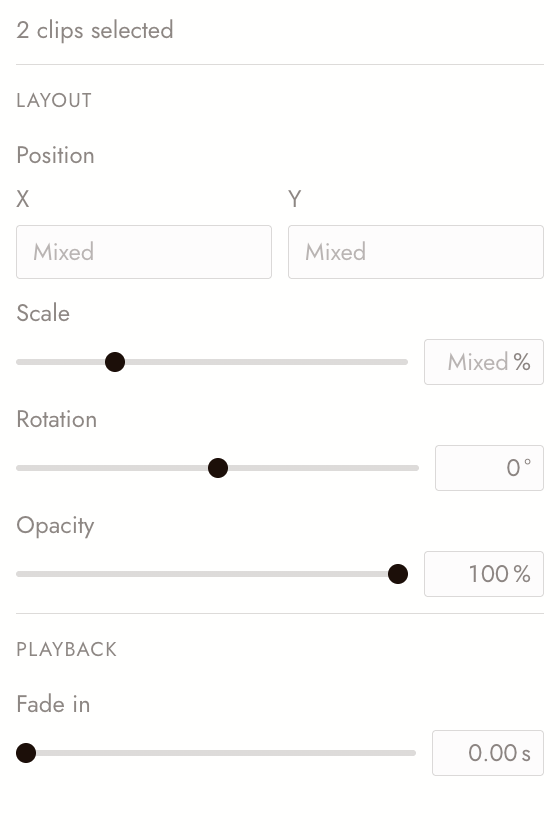 Two clips selected: Position and Scale read Mixed, while Rotation, Opacity and Fade in show the value they share.