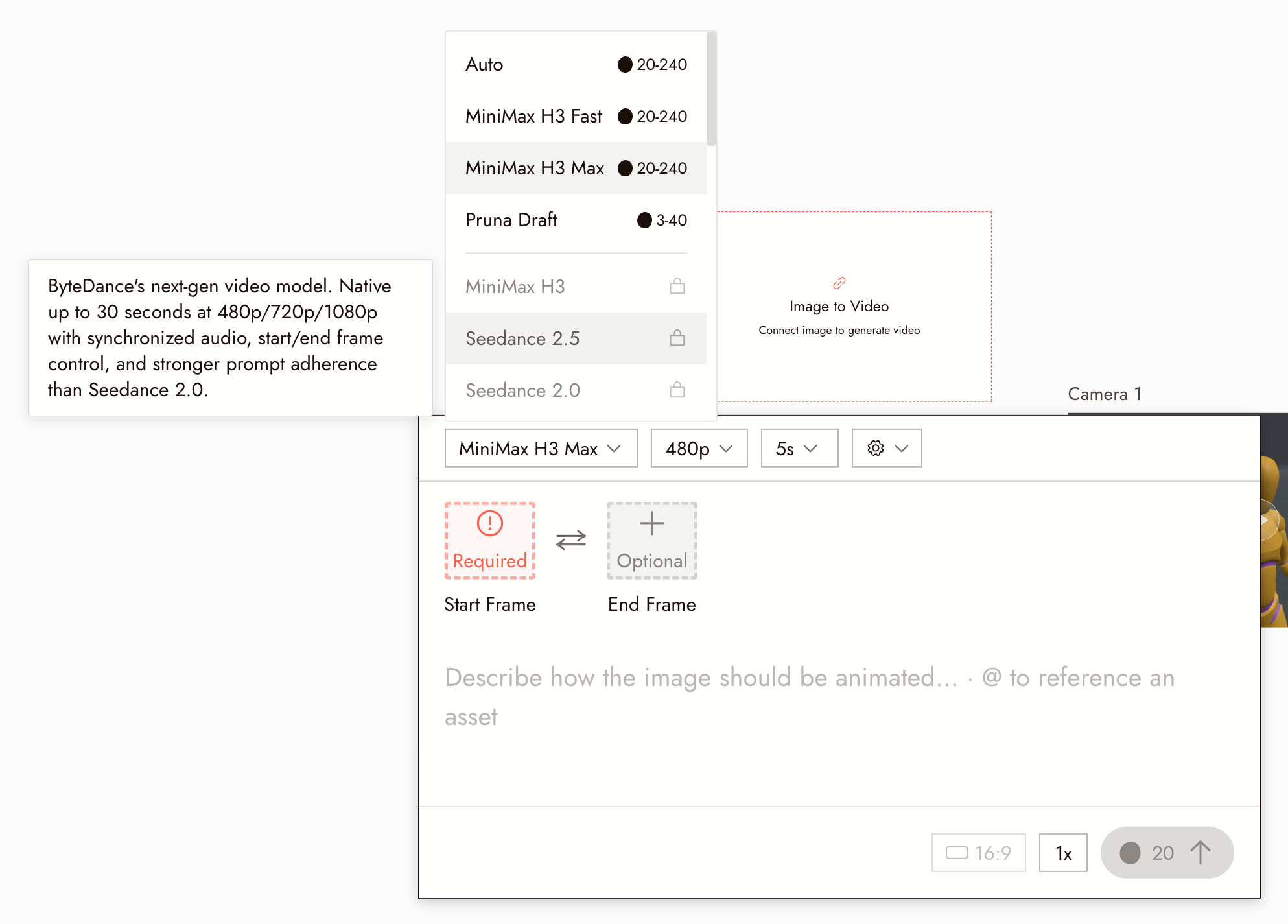 Hovering Seedance 2.5 in the video model picker shows its description: up to 30 seconds, 480p to 1080p, synchronized audio, start and end frame control. Locked models need a paid plan.