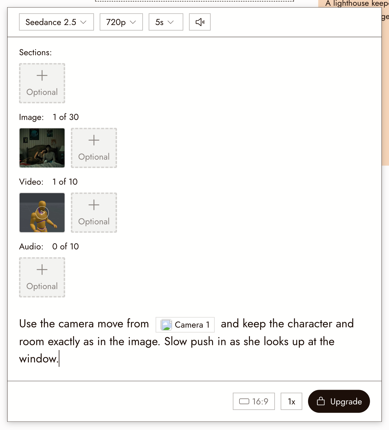 The Omni Reference panel with one image and one video attached, and a prompt that mentions the video with @. On a Free account the Seedance models are locked, so the Run button reads Upgrade.