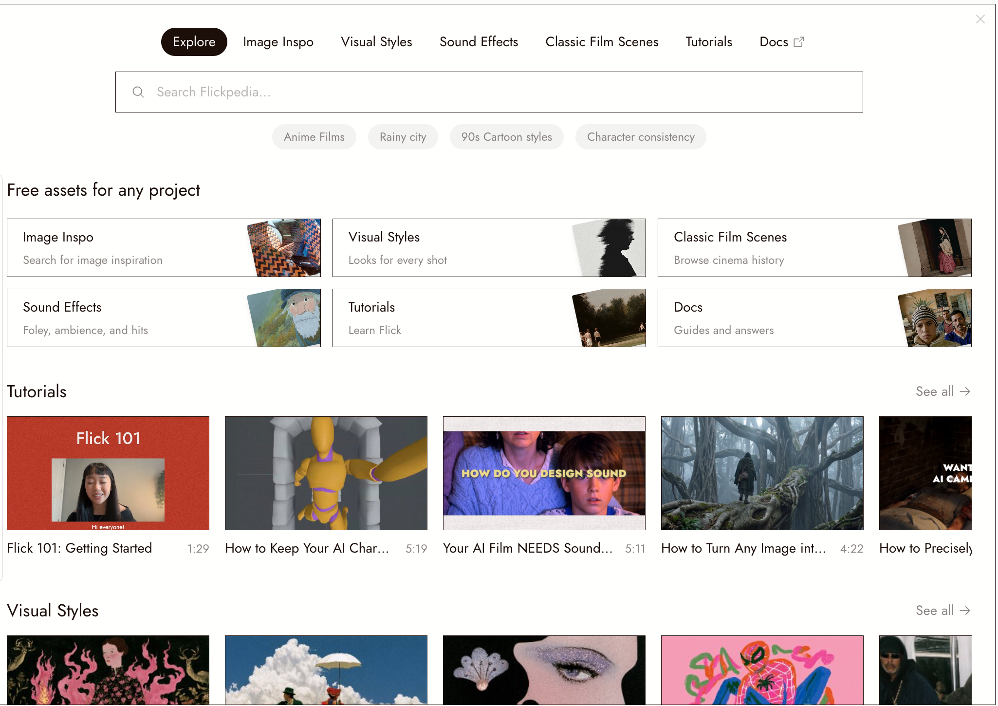 The Flickpedia panel open in a project: section tabs, search, suggestion chips, and cards for each section, with Tutorials below.