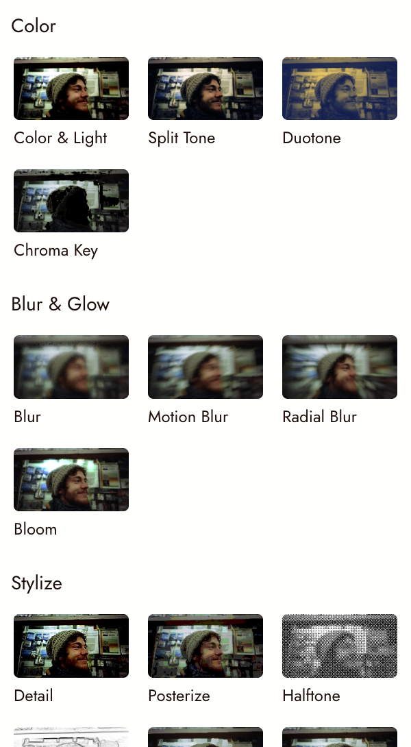The Effects tab: Color, Blur &amp; Glow and Stylize groups, each effect shown as a card.