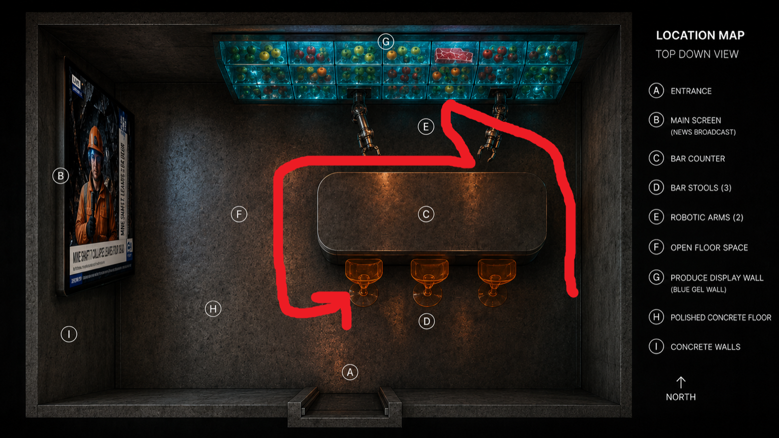 The kind of drawing this means, from the Flick residency film Xenogenesis: a top-down map of the kitchen set with the entrance, screen, counter, stools, arms, and display wall lettered, and the character's route marked in red. Every shot in that scene was checked against it.