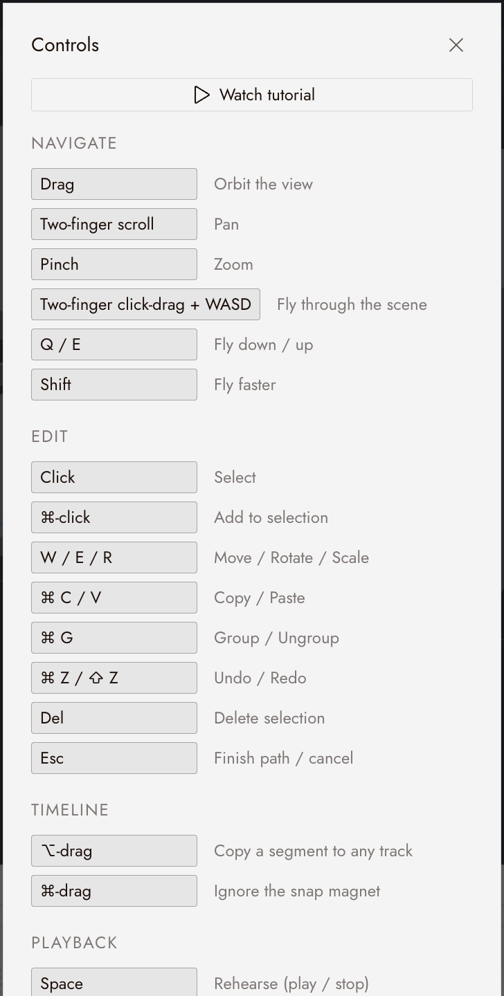 The Controls panel: navigation, editing, timeline and playback shortcuts, with Watch tutorial at the top.