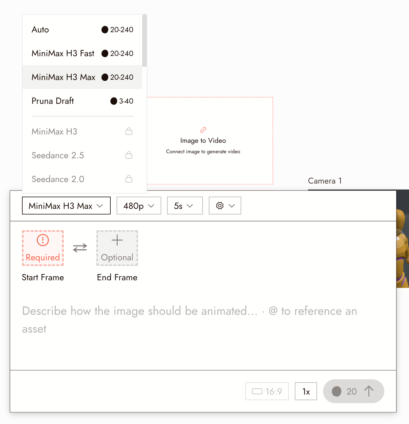 The Model dropdown on a Frame to Video panel on a Free account: each model shows its credit range, locked models need a paid plan, and the Run button shows the cost for the current settings.