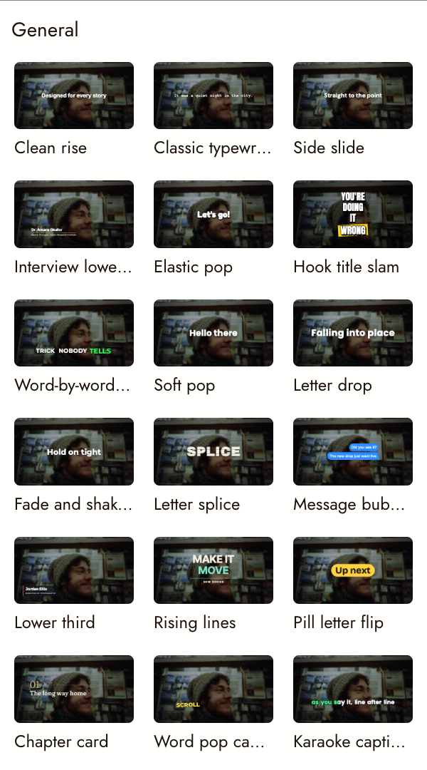 The Motions tab: the General group, with a card for each preset. Moving the pointer over a card scrubs its animation.