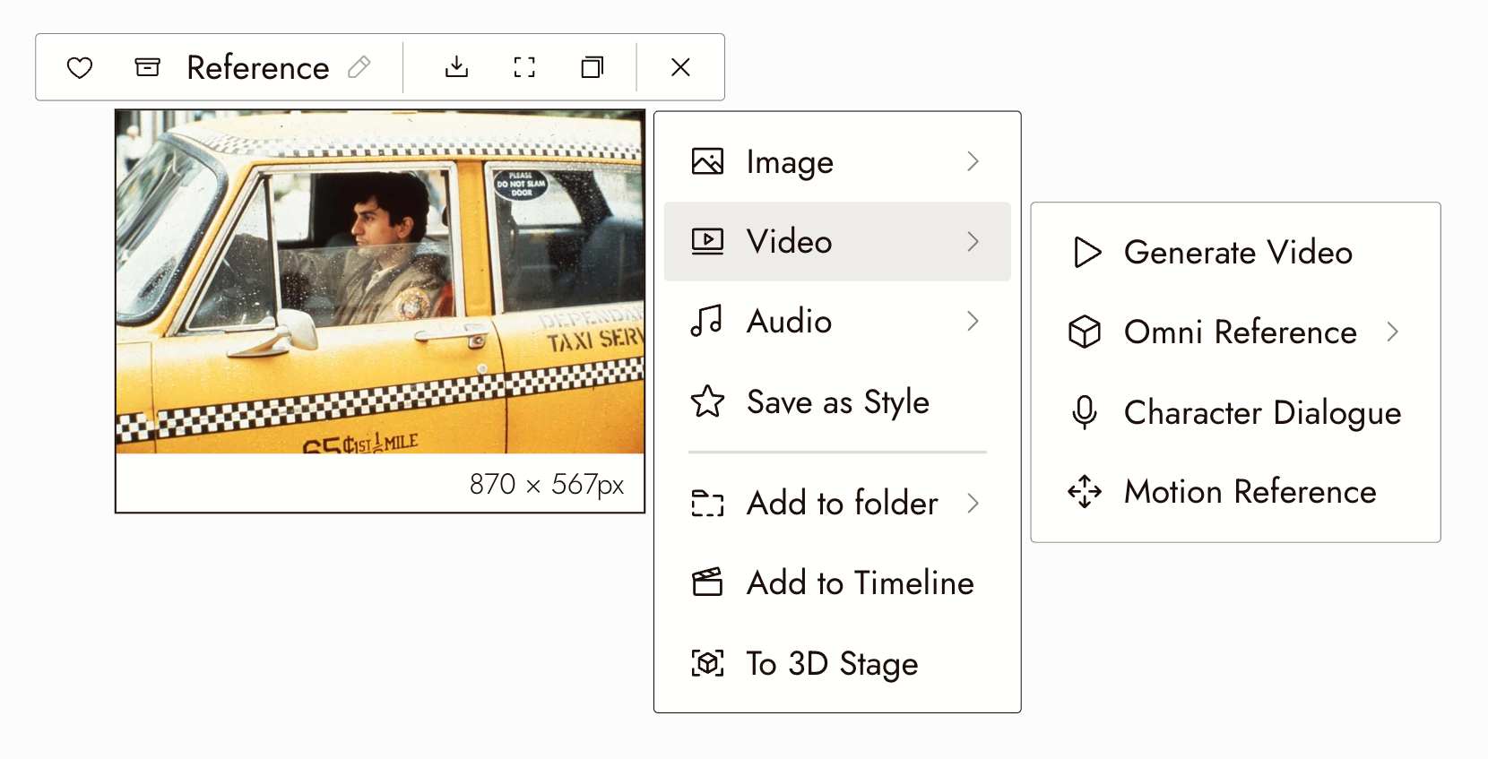 An image node selected on the canvas with its Video submenu open: Generate Video, Omni Reference, Character Dialogue, and Motion Reference.