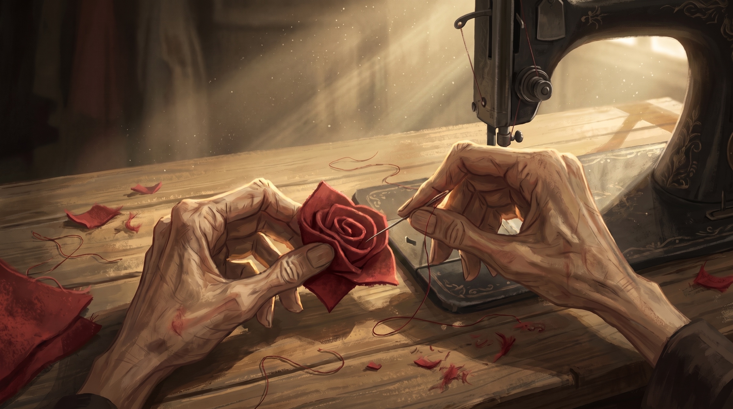 Close-up. Only her hands and the rose; the aged hands and the red fabric are the details that must survive here.