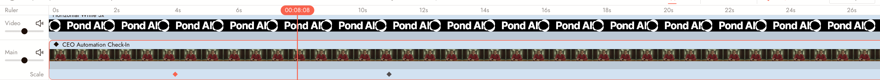 The timeline with a keyed clip selected on the Main track. A Scale row under the clip shows its keys at 4 and 11 seconds; the ◆ before the clip name marks that it has keys.