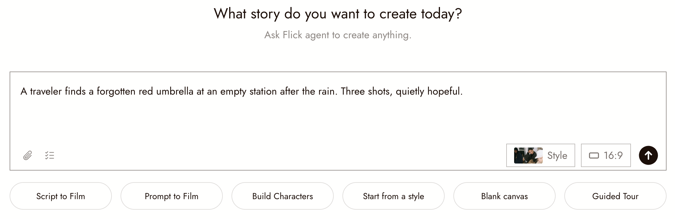 The prompt box on the projects home page with a visual style picked from Explore Styles and the aspect ratio set to 16:9. The arrow starts the project.