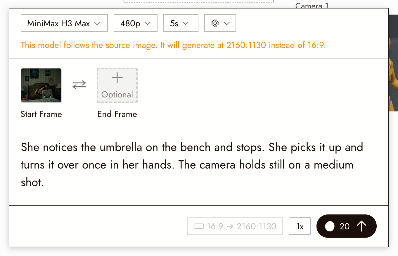 The Frame to Video panel for one shot: model, resolution, duration, the still in Start Frame, a three-sentence motion prompt, and the cost on Run.