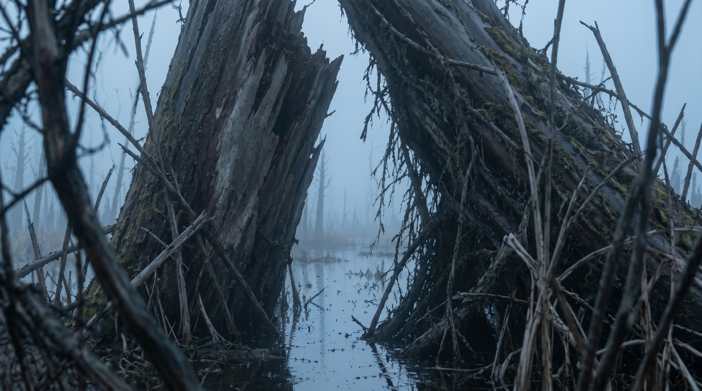 An example of an image of a scene using Nano Banana Pro and proper prompting techniques to achieve desired the lighting, background, foreground, and camera focus. Alongside a reference sketch, this image was generated with the following prompt: “Cool blue-gray nightfall light filtered through heavy fog. No direct sunlight. Focus sits on the two large leaning trunks and the water passage, but not perfectly locked or clinically sharp. Foreground branches can be heavily out of focus. Background fades strongly into fog. Natural imperfect real-camera rendering, subtle film grain, slight sensor noise, mild lens softness, soft white bloom in the fog, realistic wet bark texture, realistic water texture, material wear, aged surface, and traces of use.”