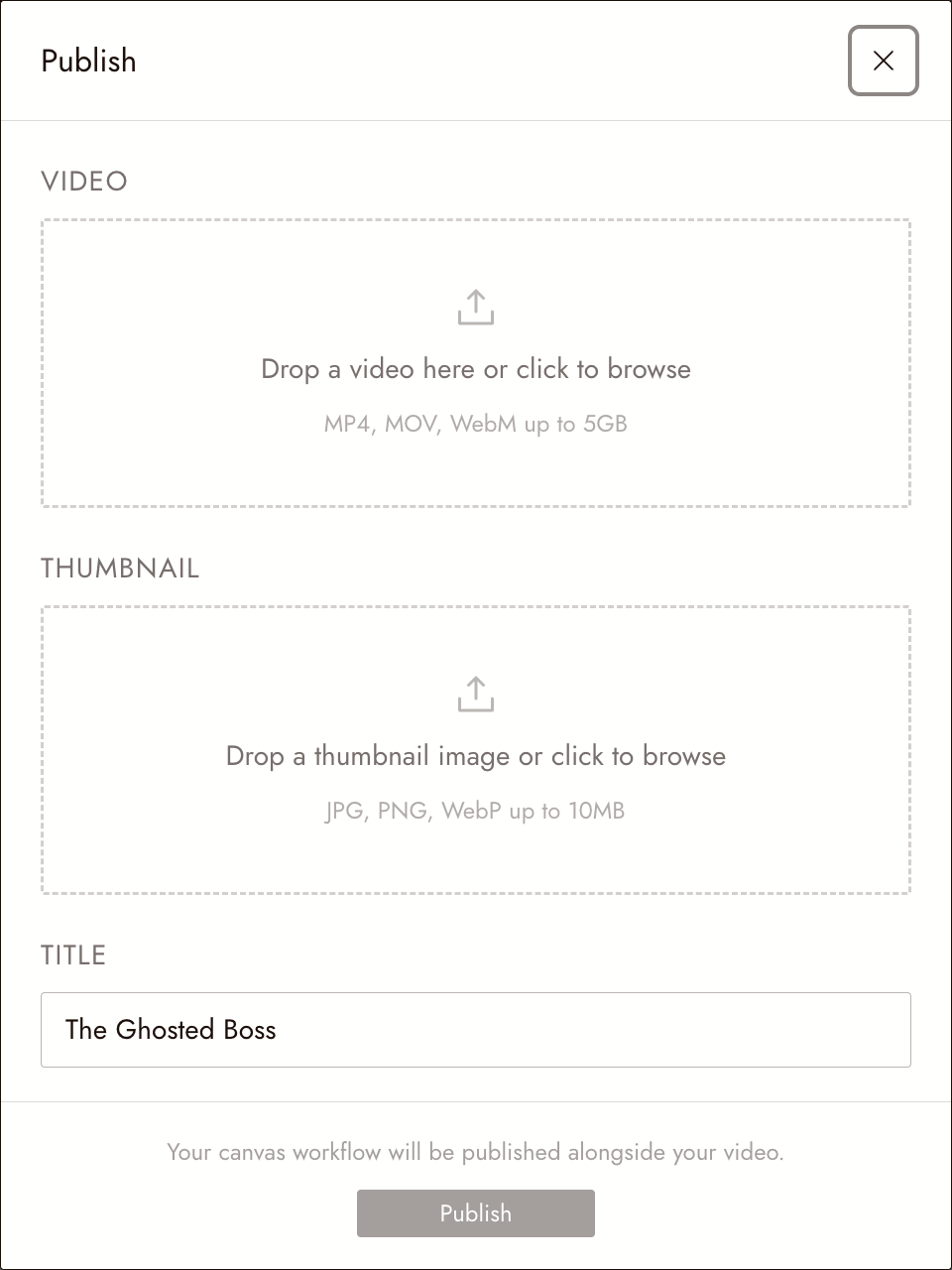 The Publish form from the Share menu: drop zones for the video and the thumbnail, and the title, prefilled with the project name.