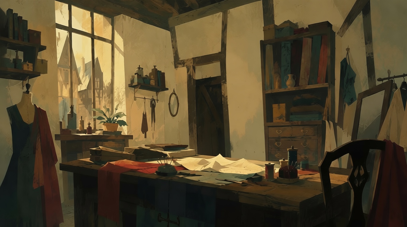 A first composition test from the Flick residency film Happy Souls Alive: the tailor's shop with no character in it yet. Against three checks for that scene it passes two, the place reads as a working shop and the sewing machine is easy to find, and misses one, there is nobody to notice anything yet. That is a useful first test: the room is settled before the character is added.