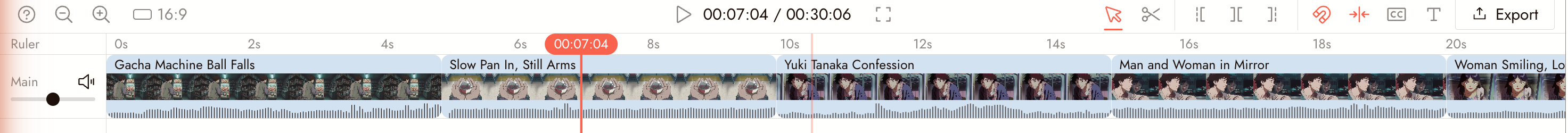 A rough sequence in the Video Editor: clips in story order on the Main track, nothing trimmed yet.