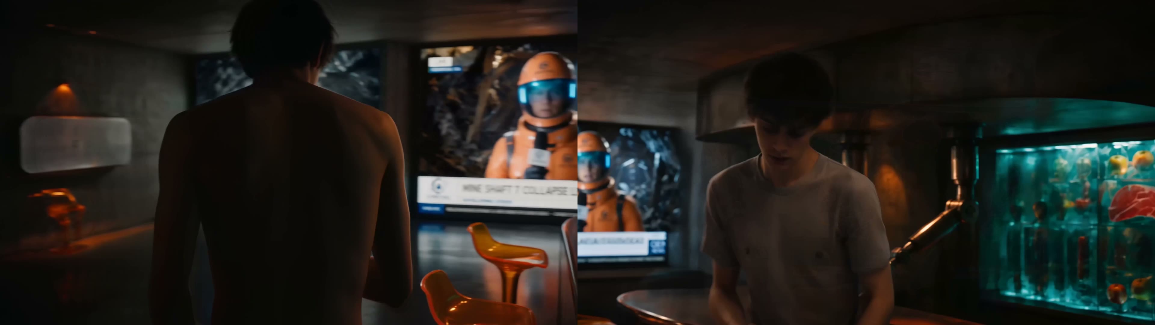 Drift caught by comparison, from the Flick residency film Xenogenesis. Both frames come from clips generated from the same start frame. Left: the kept take. Right: a T-shirt and a phone appeared partway through the clip. Same room, different person.