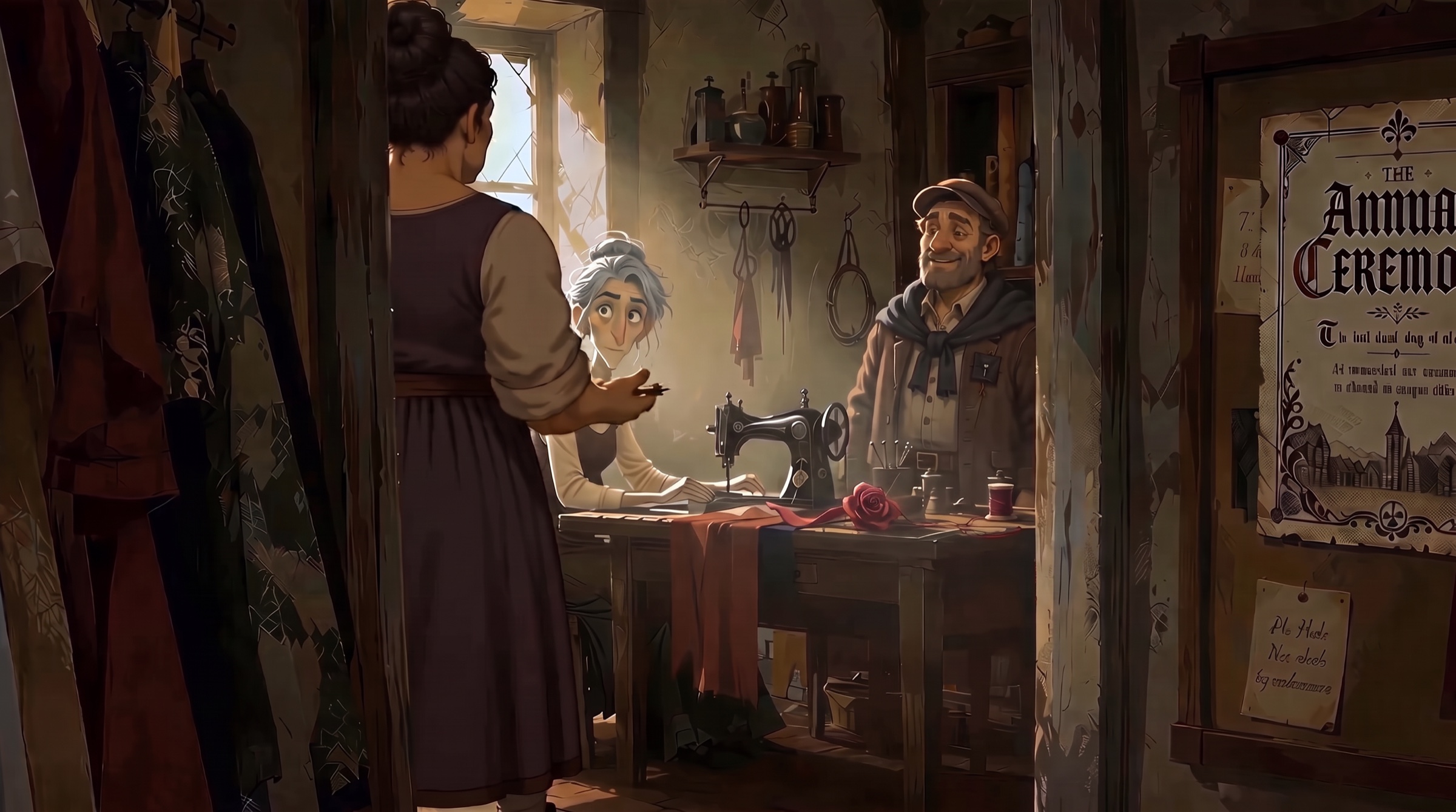 Wide: the tailor small in her shop, recognized by silhouette and costume.