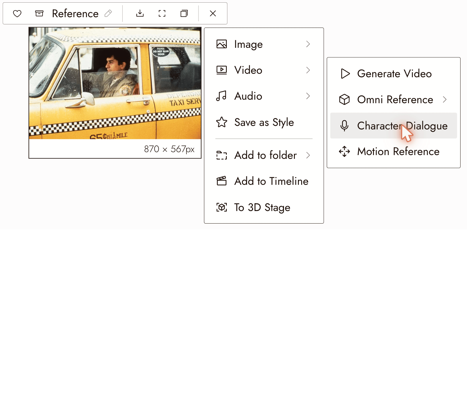 Selecting the still, choosing Video then Character Dialogue, attaching an audio clip from Pick asset, and describing the delivery. The clip itself was not generated for this capture.
