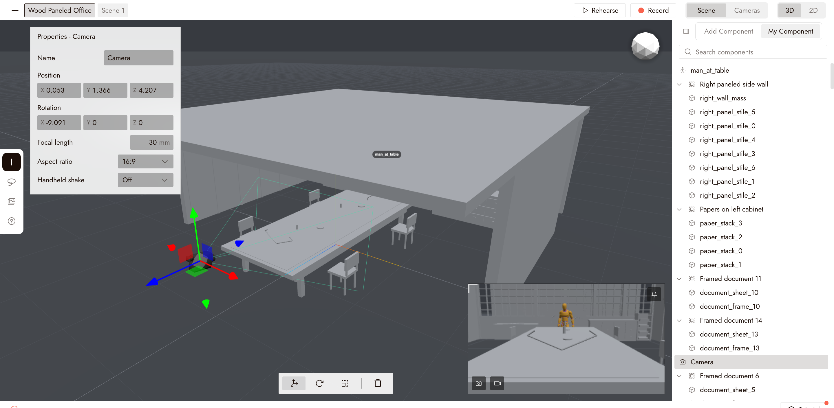 The 3D Stage with a camera selected: its Properties at the top left, the move, rotate, scale and delete bar at the bottom, the camera's own view at the bottom right, and the scene's components listed on the right.