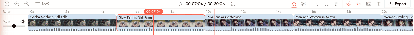 A selected clip with the playhead inside it, the two clips after pressing S, then the single clip again after Command+Z.