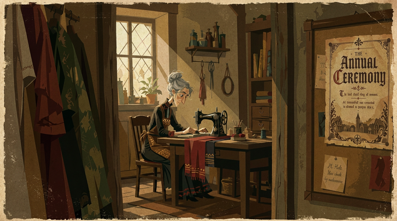 Medium. The face and hair become clear at the sewing machine, and the costume still matches the sheet.
