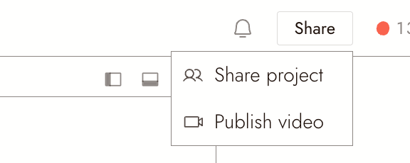 The Share menu at the top right of a project, with Share project and Publish video.