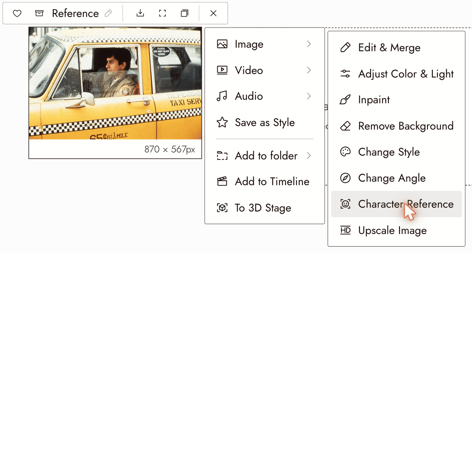 Selecting an image, choosing Image then Character Reference, adding a scene under Reference Scene, and writing the prompt. The still used here is a placeholder, not a three-view sheet.