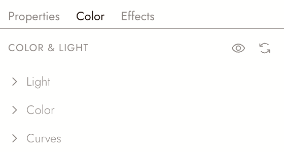 The Color tab: Color &amp; Light with Light, Color and Curves sections, and the eye and reset buttons.