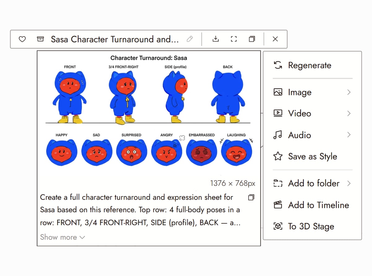 Flick editor with the character sheet of Sasa from Mila & Sasa selected, four labelled full-body views and six expressions, and the prompt that made it