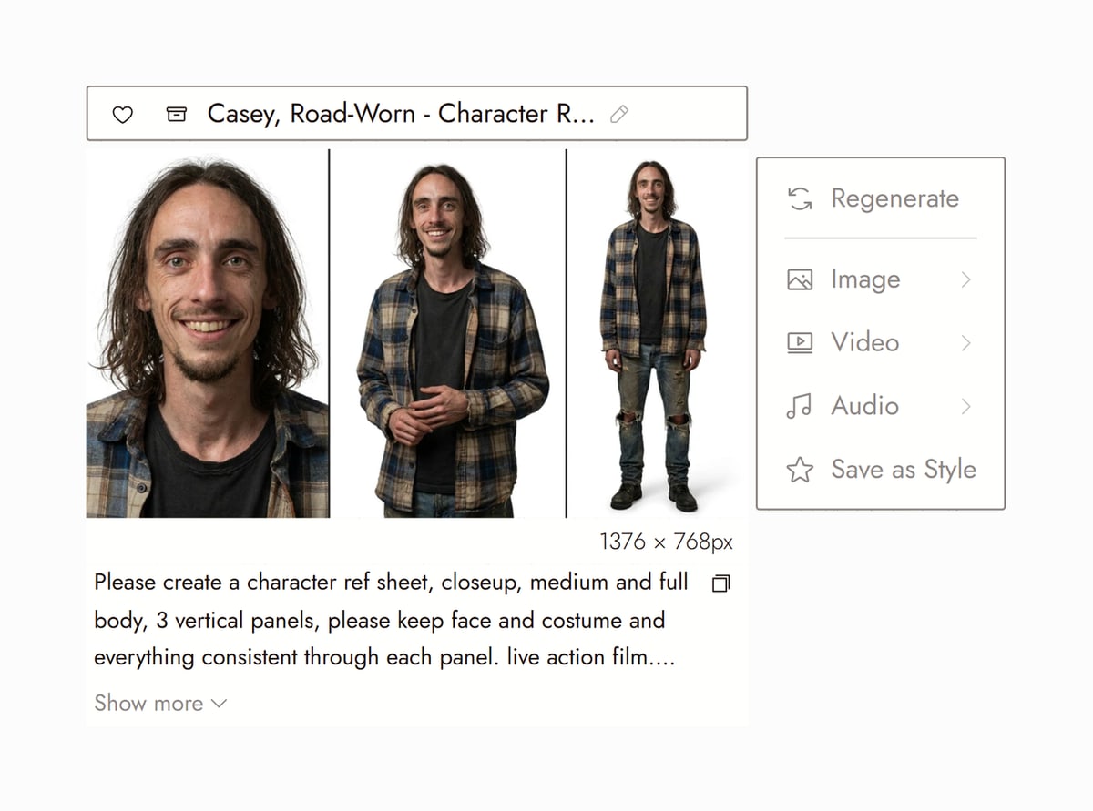 Flick editor with Casey, Road-Worn Character Reference from Catch Out selected, three vertical panels showing the same man in close up, medium and full body, and the prompt that made it