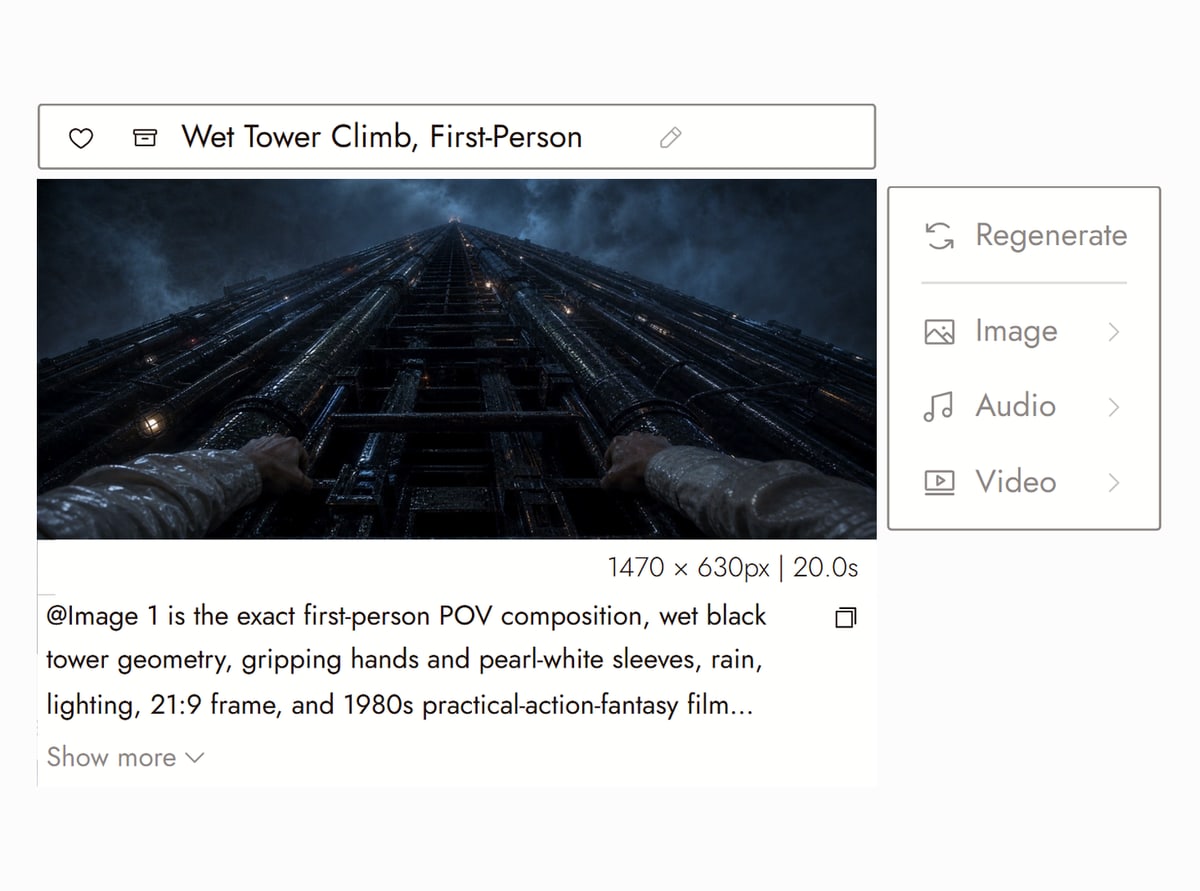 Flick editor with Wet Tower Climb, First-Person from The Miracle selected, a first person view of hands gripping a wet black tower in the rain, and the prompt that made it