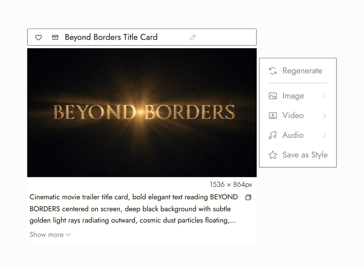 Flick editor with Beyond Borders Title Card from Beyond Borders selected, golden title text on a black background with light rays, and the prompt that made it