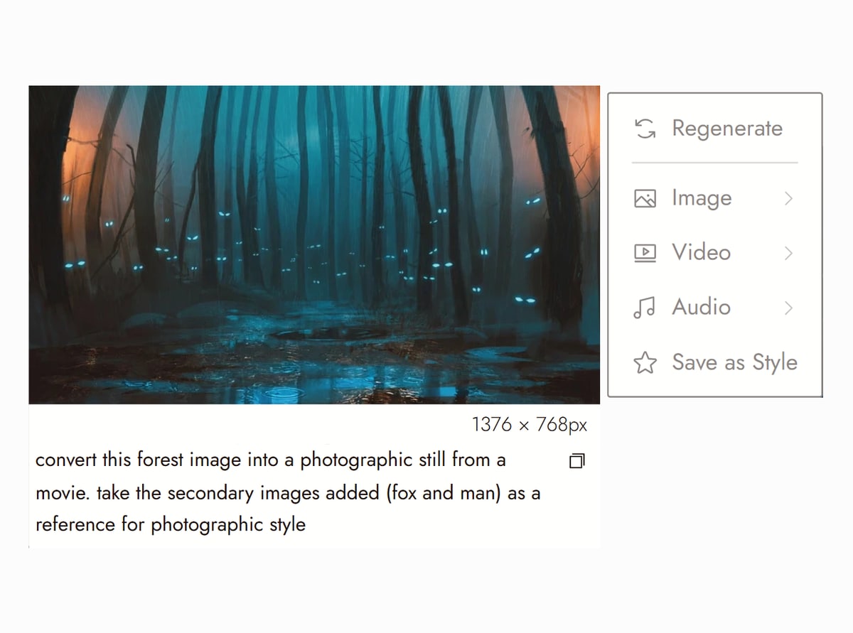 Flick editor with an image node from Tired Eyes selected, a misty forest of dark trees with small glowing lights, and the prompt that turned a reference photo into a film still