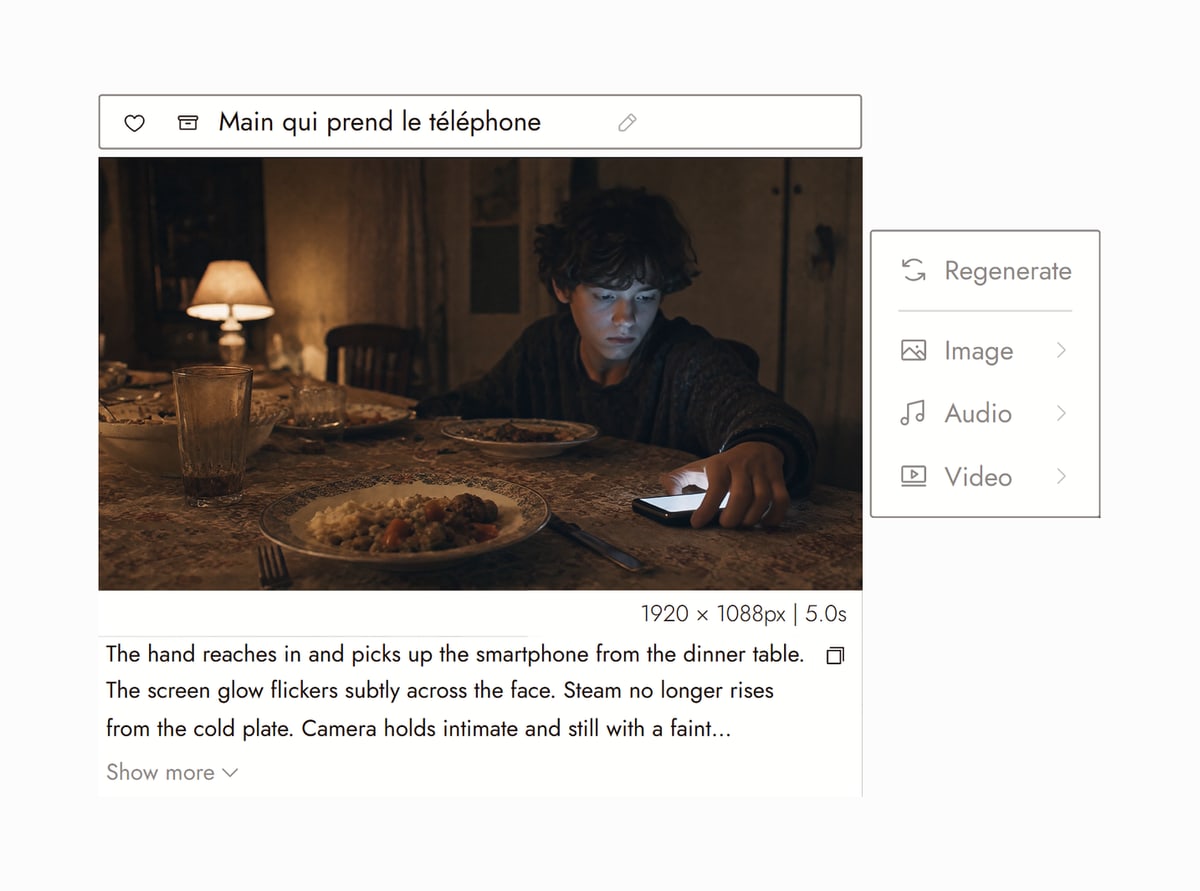 Flick editor with Main qui prend le téléphone from The future worth living in selected, a young man at a dinner table picking up a smartphone under a lamp, and the prompt that made it