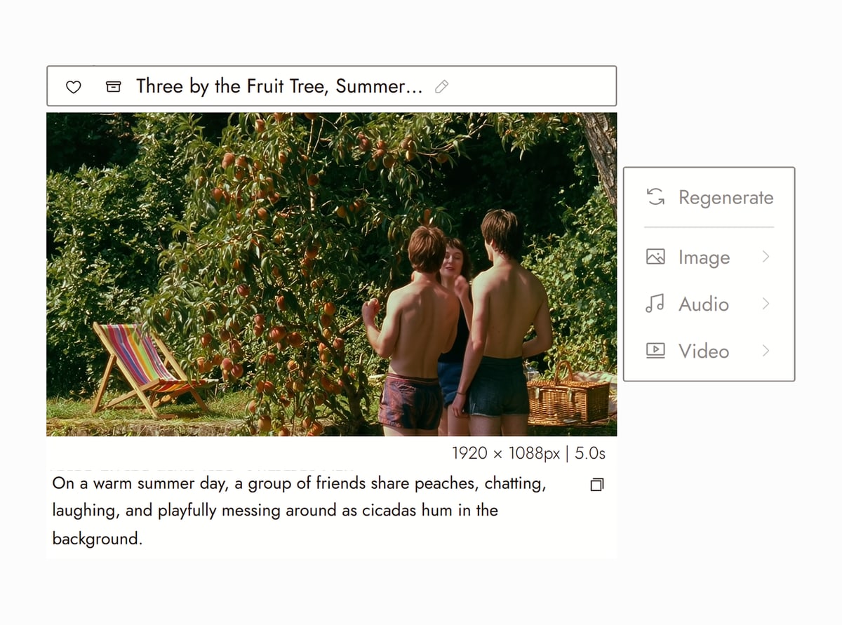 Flick editor with Three by the Fruit Tree from Summer time selected, three friends standing under a peach tree in a sunny garden beside a striped deck chair, and the prompt that made it