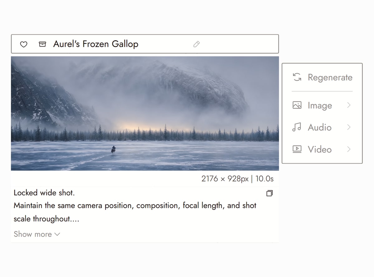 Flick editor with Aurel's Frozen Gallop from In ’twixt Vows selected, a tiny rider galloping across a frozen lake under snowy mountains and fog, and the prompt that made it