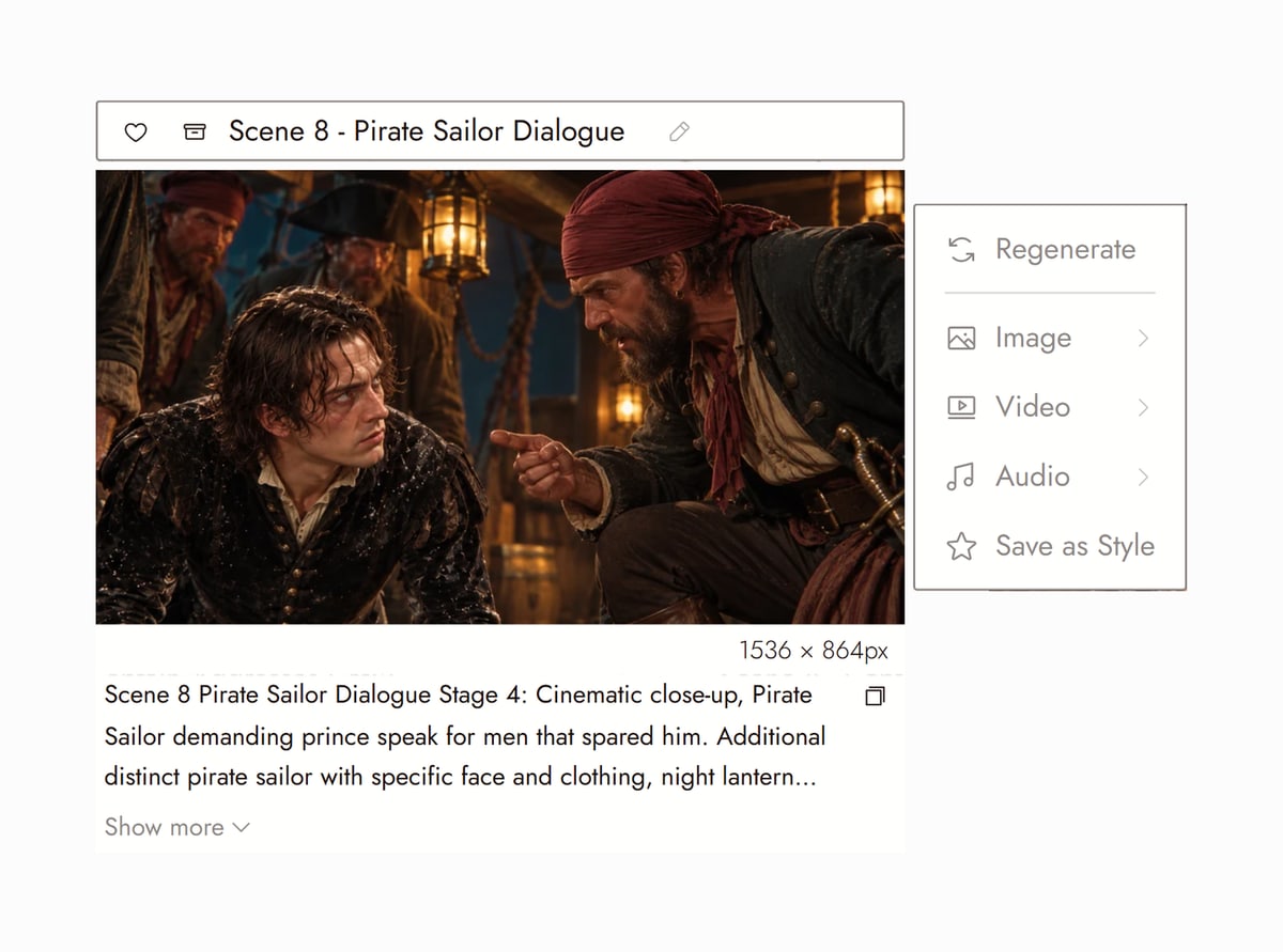 Flick editor with Scene 8 Pirate Sailor Dialogue from William Shakespeare's Hamlet selected, a pirate pointing at a young man on a lantern lit deck at night, and the prompt that made it