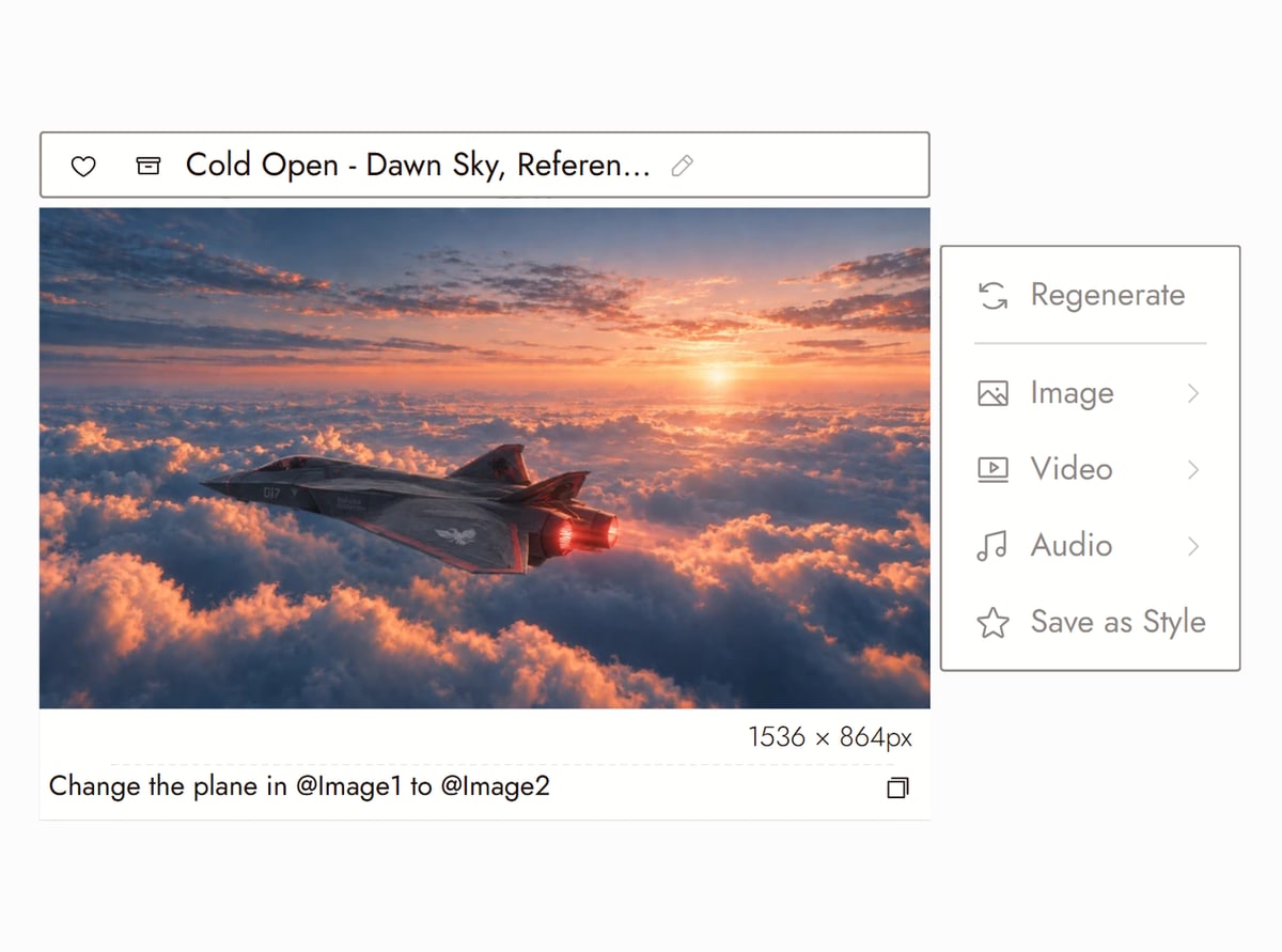 Flick editor with Cold Open, Dawn Sky from CROW-SCARE selected, a fighter jet flying above the clouds at sunrise, and the prompt that swapped the plane using two references
