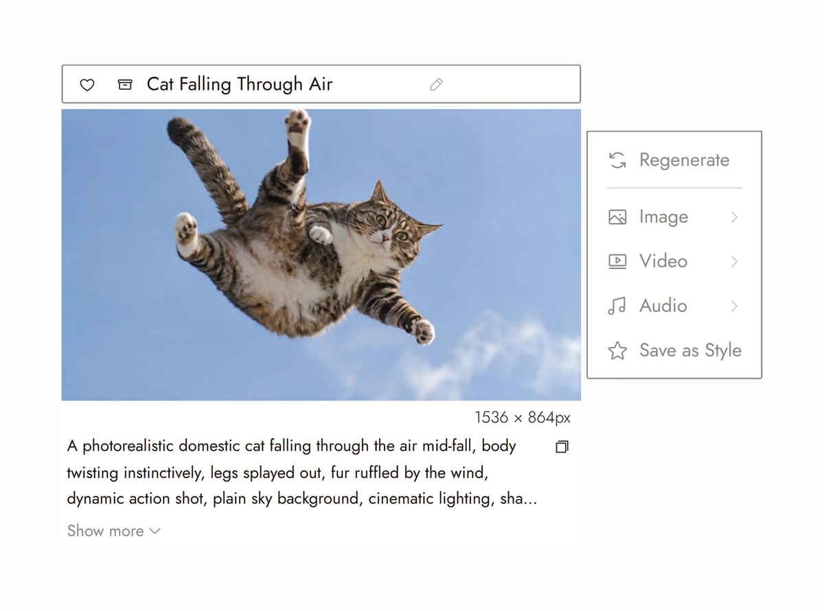 Flick editor with Cat Falling Through Air from Cat Falling selected, a tabby cat twisting mid fall against a blue sky, and the prompt that made it
